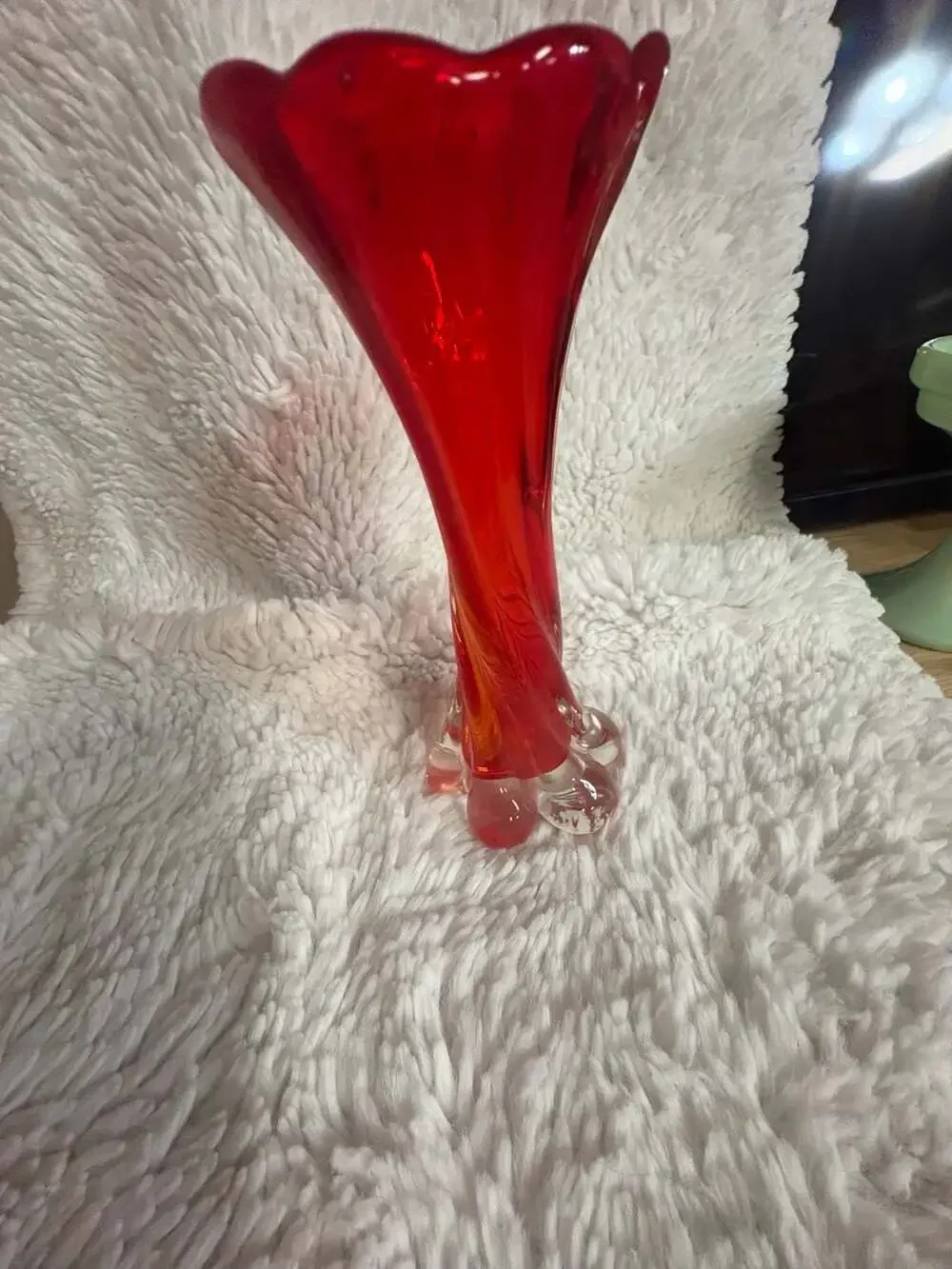 Vintage Ruby Red and Orange Swirl Art Glass Swung Vase with Petal Base